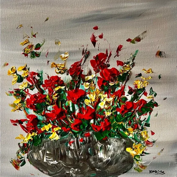 SOLD “CHRISTMAS BOUQUET” ORIGINAL ACRYLIC HEAVILY TEXTURIZED FLORAL PAINTING - Picture 1 of 1